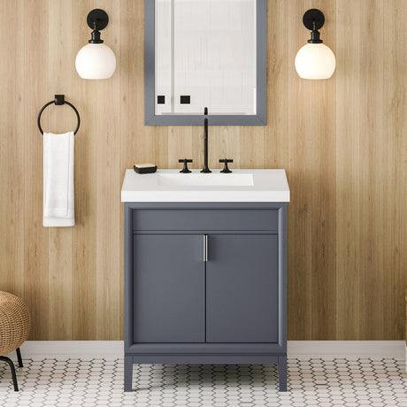 Jeffrey Alexander Theodora 31" Blue Steel Single Sink Bathroom Vanity with White Resin Top - 8 in. Widespread Faucet Top