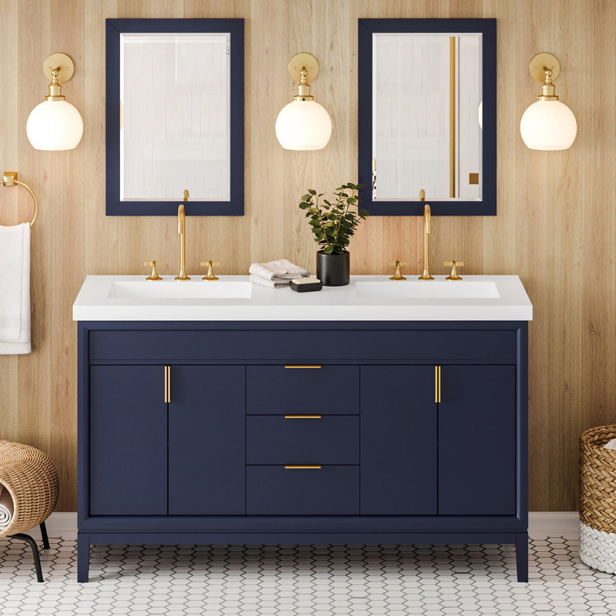 Jeffrey Alexander Theodora 61" Hale Blue Double Sink Bathroom Vanity with White Resin Top - 8 in. Widespread Faucet Top