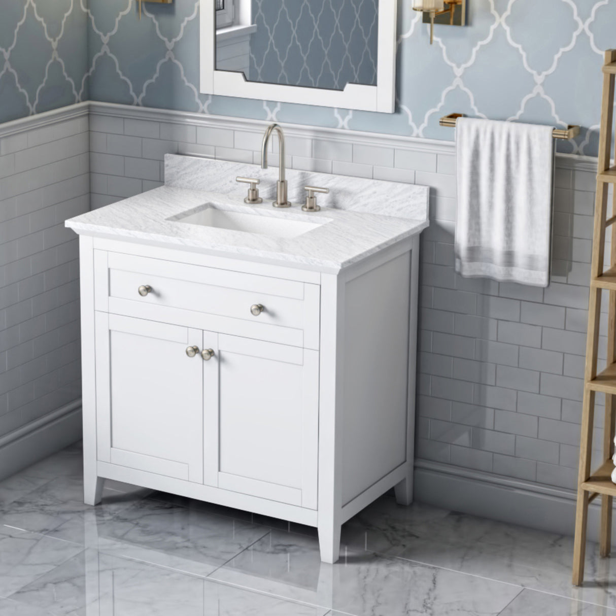 Jeffrey Alexander Chatham 36" White Single Sink Bathroom Vanity with White Carrara Marble Top - 8 in. Widespread Faucet Top product image 2