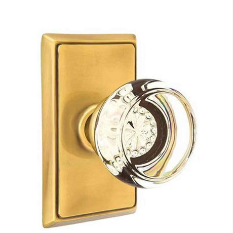 Emtek 8221GTUS15XUS7 Glass Knob 2-3/8" Backset Privacy with Rectangular Rose for 1-1/4" to 2" Door - Reversible Satin Nickel by French Antique Brass