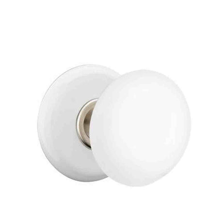 Emtek White Porcelain Knob 2-3/8" Backset Privacy with Porcelain Rose for 1-1/4" to 2" Door - Reversible in Satin Nickel