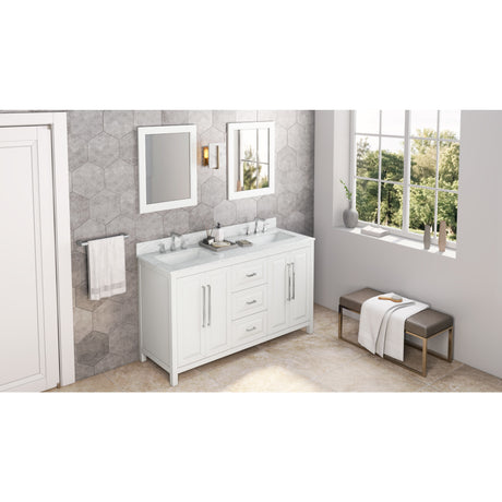 Jeffrey Alexander Cade 60" White Double Sink Bathroom Vanity with White Carrara Marble Top - 8 in. Widespread Faucet Top