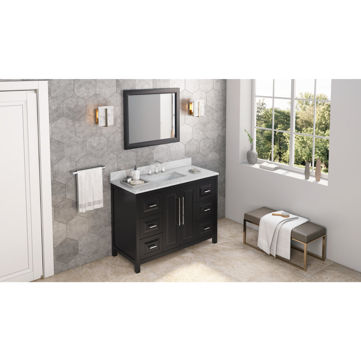 Jeffrey Alexander Cade 48" Black Single Sink Bathroom Vanity with White Carrara Marble Top - 8 in. Widespread Faucet Top