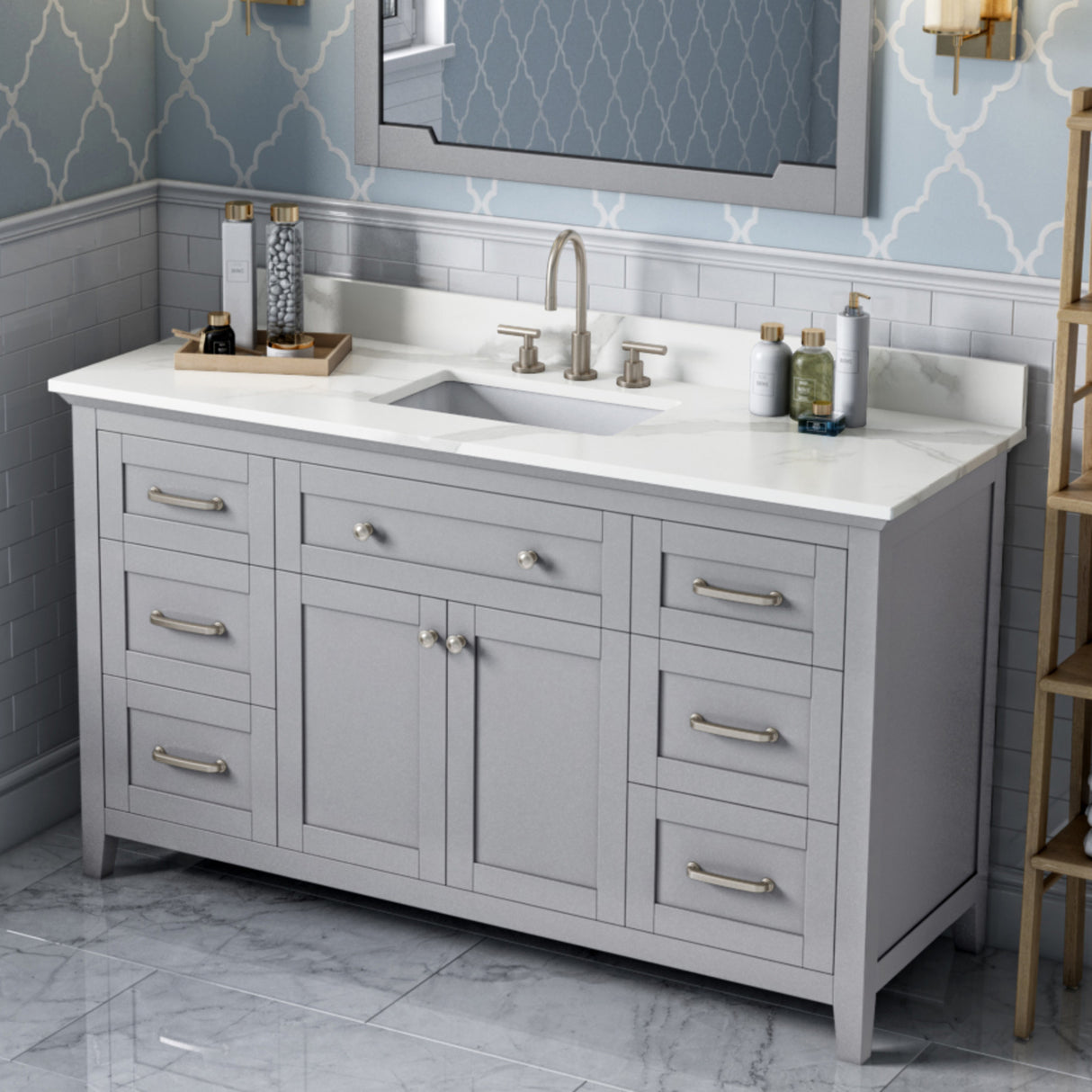 Jeffrey Alexander Chatham 60" Grey Double Sink Bathroom Vanity with Calacatta Vienna Quartz Top - 8 in. Widespread Faucet Top - VKITCHA60SGRCQR product image 2