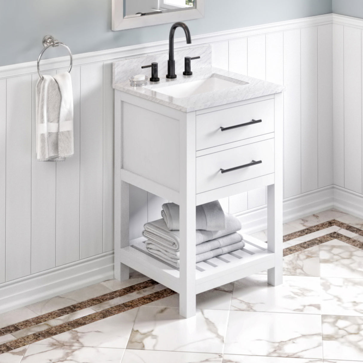 Jeffrey Alexander Wavecrest 24" White Single Sink Bathroom Vanity with White Carrara Marble Top - 8 in. Widespread Faucet Top product image 2
