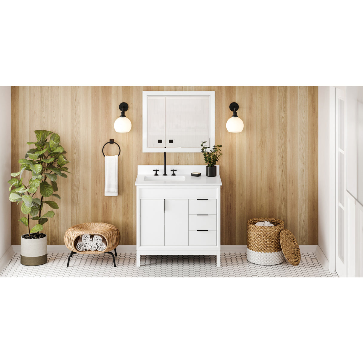 Jeffrey Alexander Theodora 36" White Single Sink Bathroom Vanity with White Quartz Top - 8 in. Widespread Faucet Top