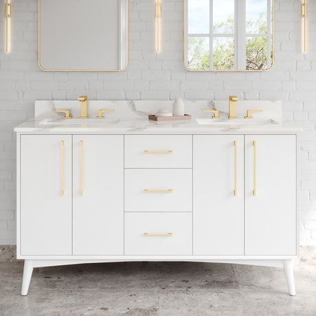 Jeffrey Alexander Dashwood 60" White Double Sink Bathroom Vanity with Calacatta Vienna Quartz Top - 8 in. Widespread Faucet Top