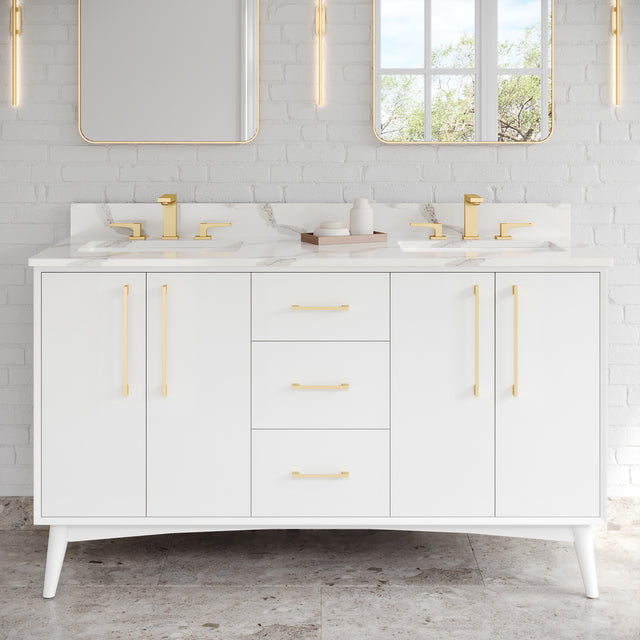 Jeffrey Alexander Dashwood 60" White Double Sink Bathroom Vanity with Calacatta Vienna Quartz Top - 8 in. Widespread Faucet Top