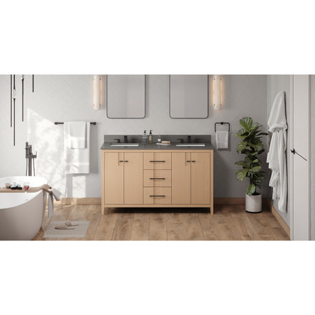Jeffrey Alexander Katara 60" Natural Oak Double Sink Bathroom Vanity with Grey Quartz Top - 8 in. Widespread Faucet Top