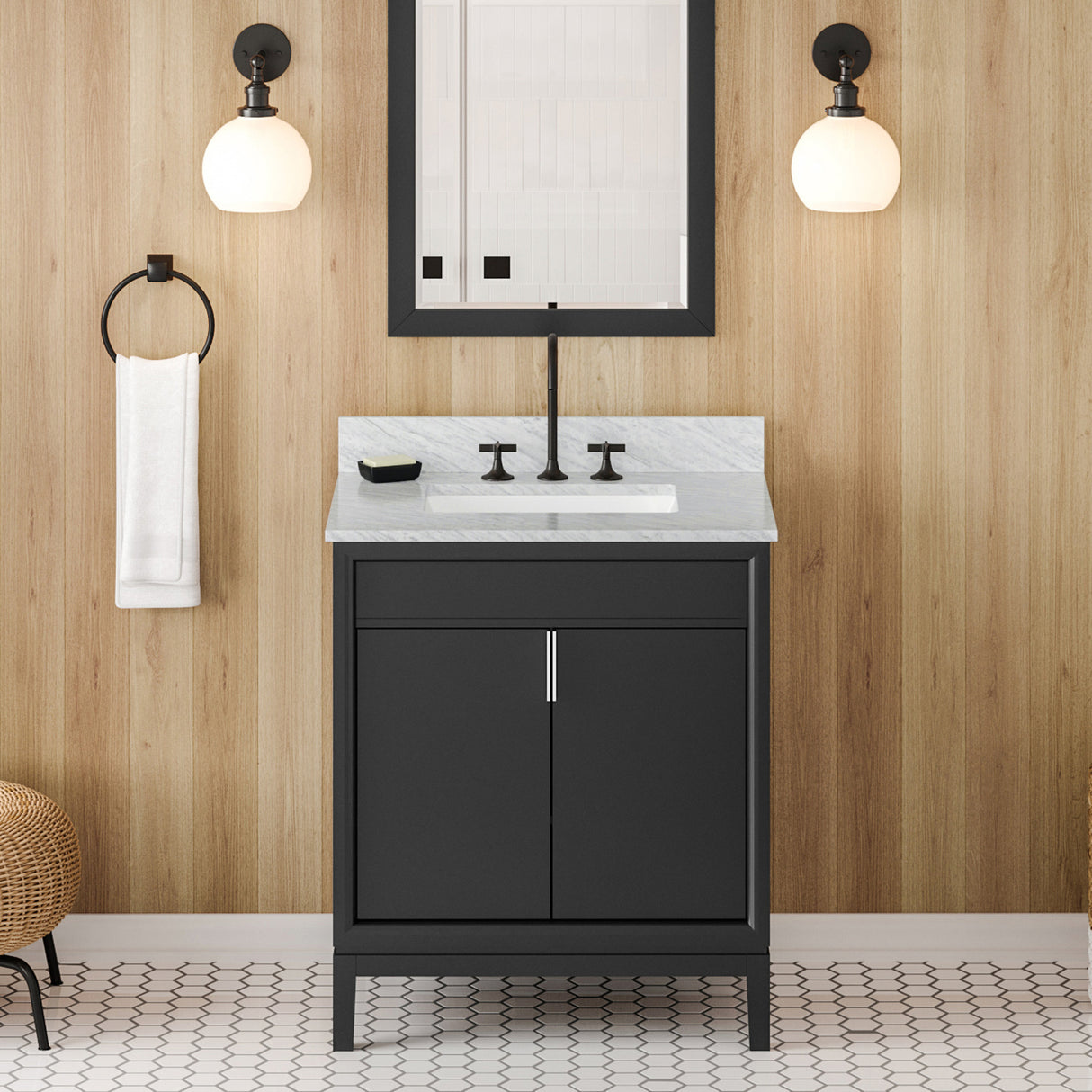 Jeffrey Alexander Theodora 30" Black Single Sink Bathroom Vanity with White Carrara Marble Top - 8 in. Widespread Faucet Top product image 2
