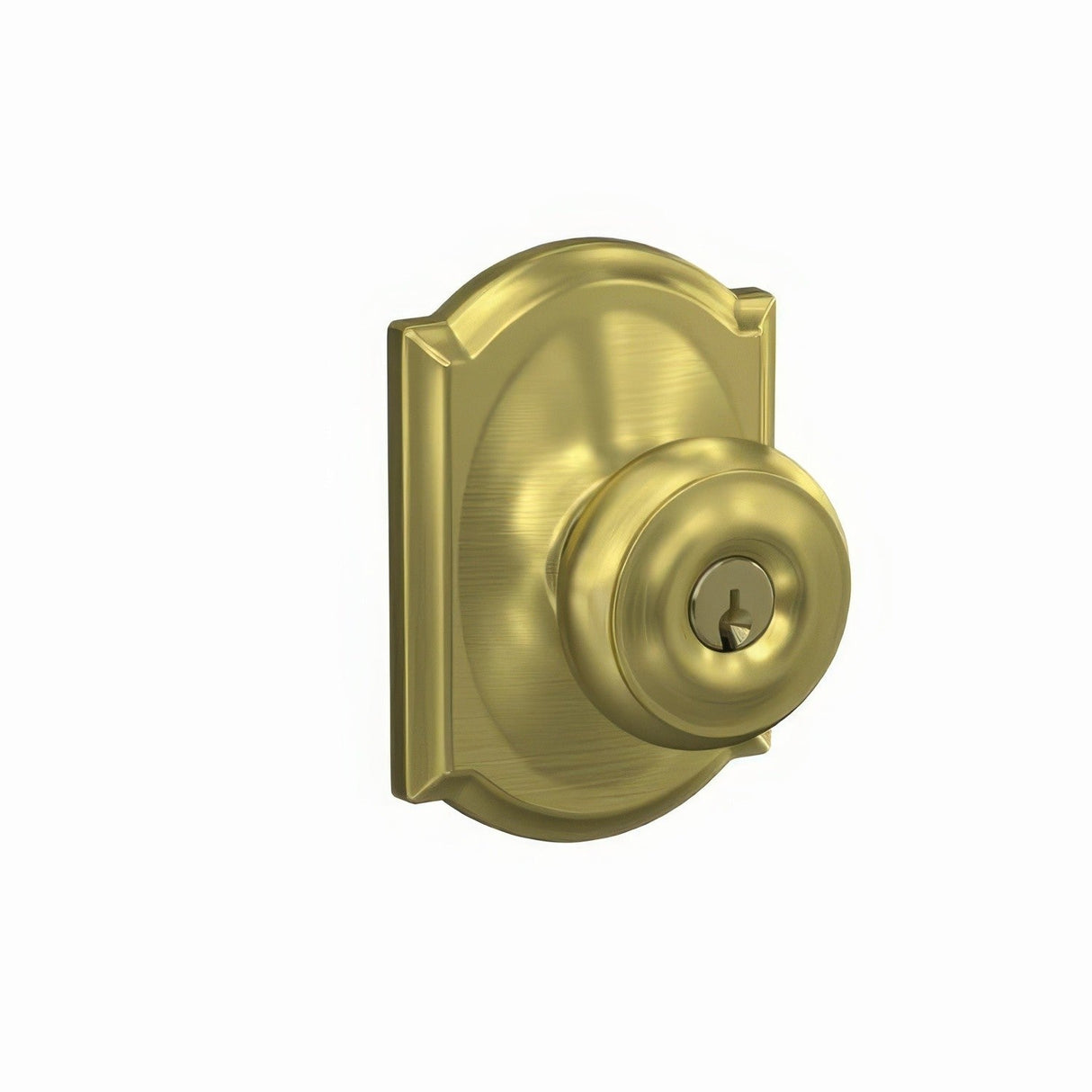 Schlage F51AGEO608CAM satin brass keyed entry door knob