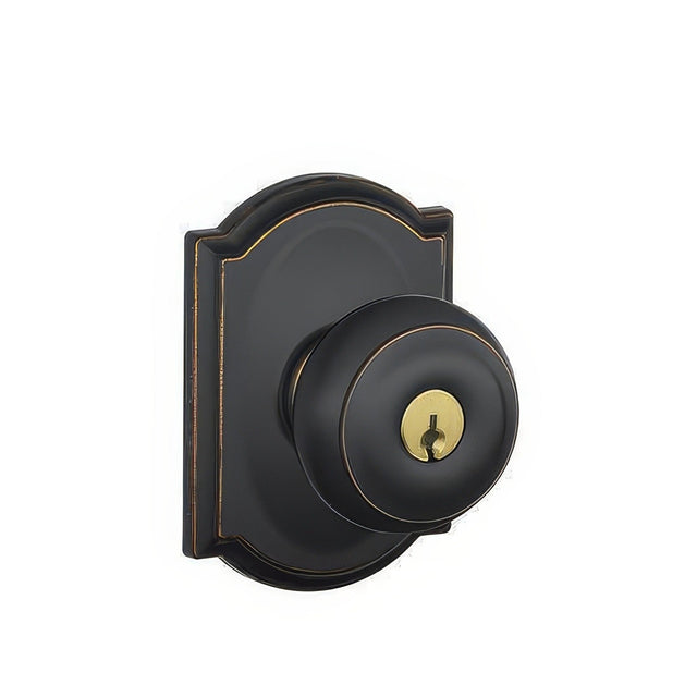 Schlage F51AGEO716CAM aged bronze keyed entry door knob