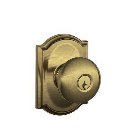 Schlage F51APLY609CAM antique brass keyed entry door knob