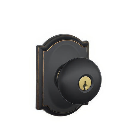 Schlage F51APLY716CAM aged bronze keyed entry door knob