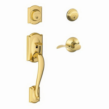 Schlage F62CAM605ACCRH polished brass double cylinder handleset