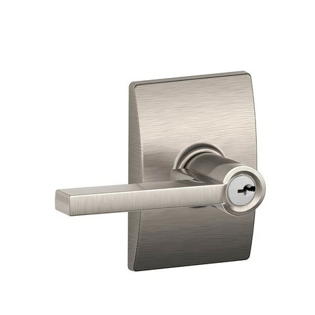 Schlage F80LAT619CEN satin nickel storeroom door lever