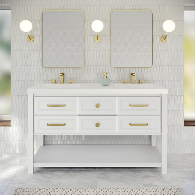 Jeffrey Alexander Kipling 60" White Double Sink Bathroom Vanity with White Resin Top - 8 in. Widespread Faucet Top