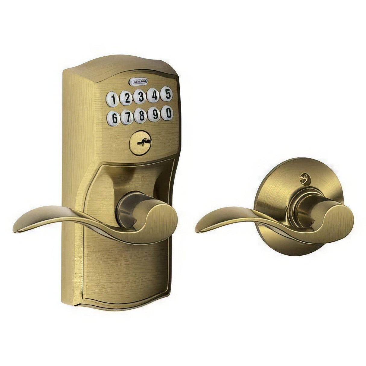 Schlage FE575CAM609ACC antique brass keypad entry door lever