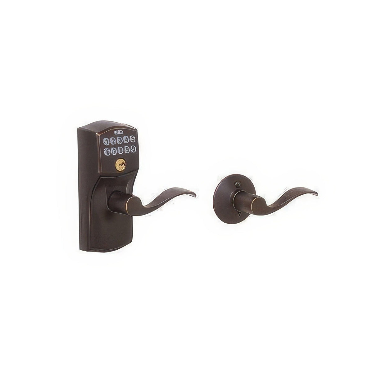 Schlage FE575CAM716ACC aged bronze keypad entry door lever