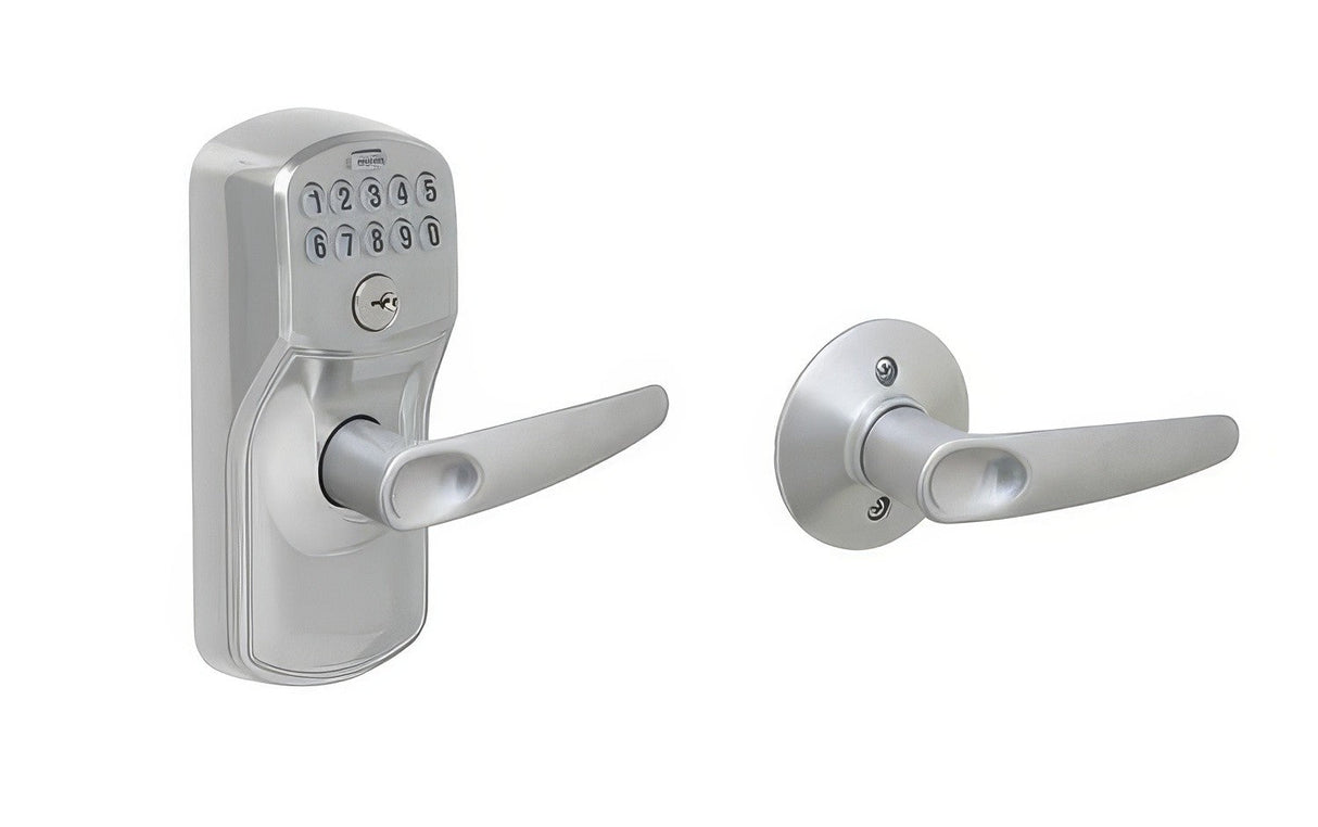 Schlage FE575PLY626JAZ satin chrome keypad entry door lever