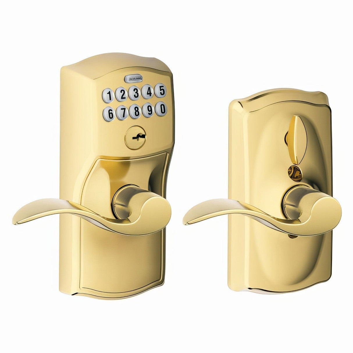 Schlage FE595CAM505ACC lifetime polished brass keypad entry door lever