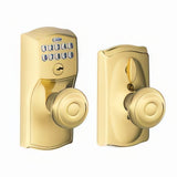 Schlage FE595CAM505GEO lifetime polished brass keypad entry door knob