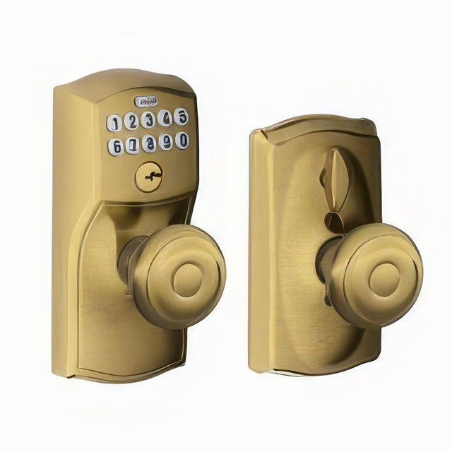 Schlage FE595CAM609GEO antique brass keypad entry door knob