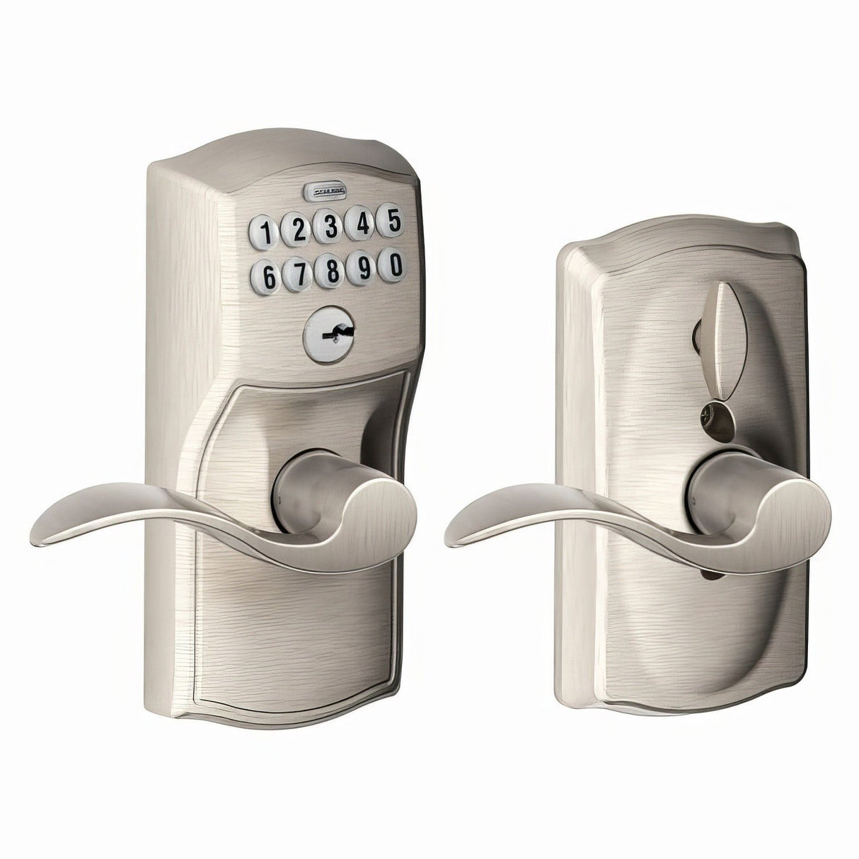 Schlage FE595CAM619ACC satin nickel keypad entry door lever