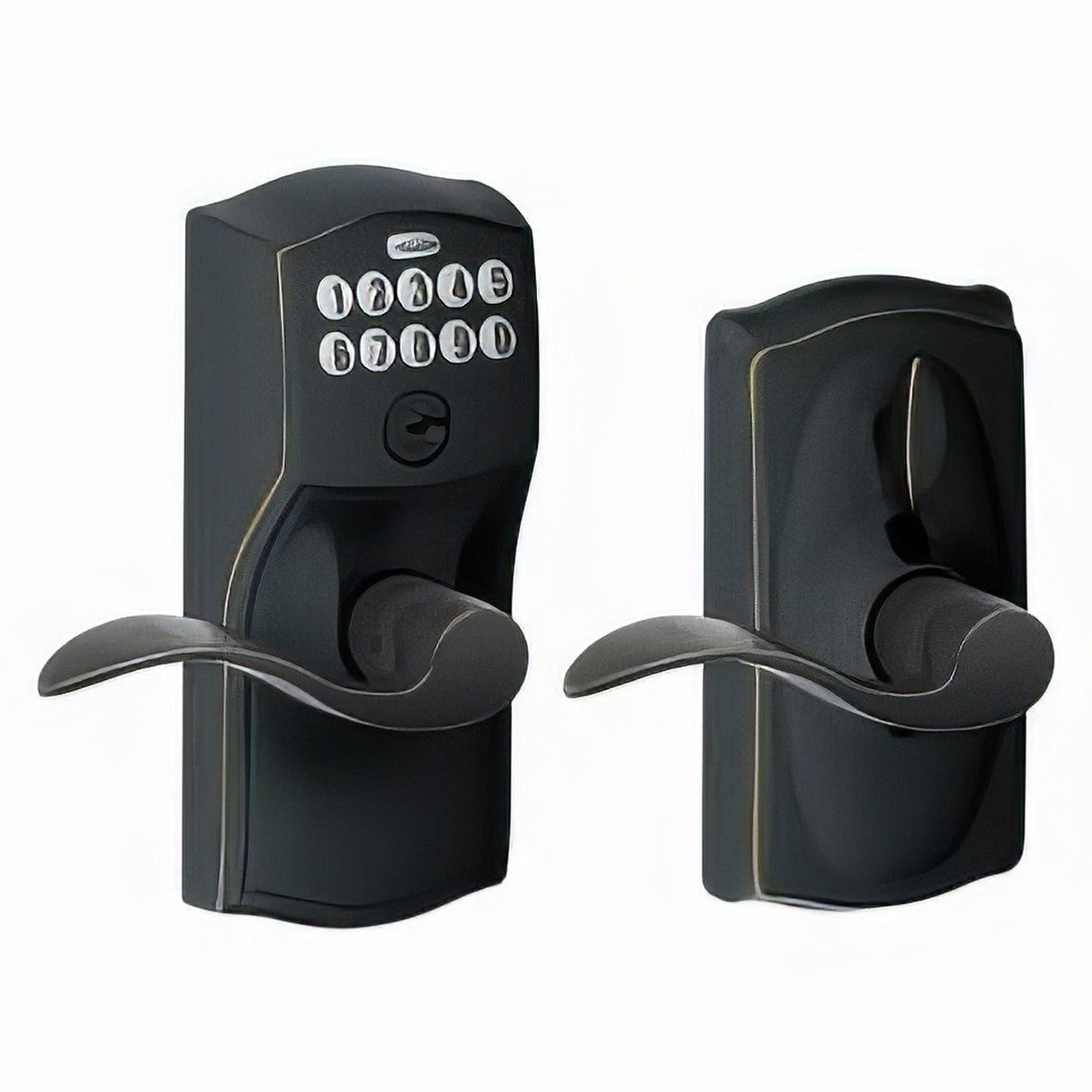 Schlage FE595CAM716ACC aged bronze keypad entry door lever
