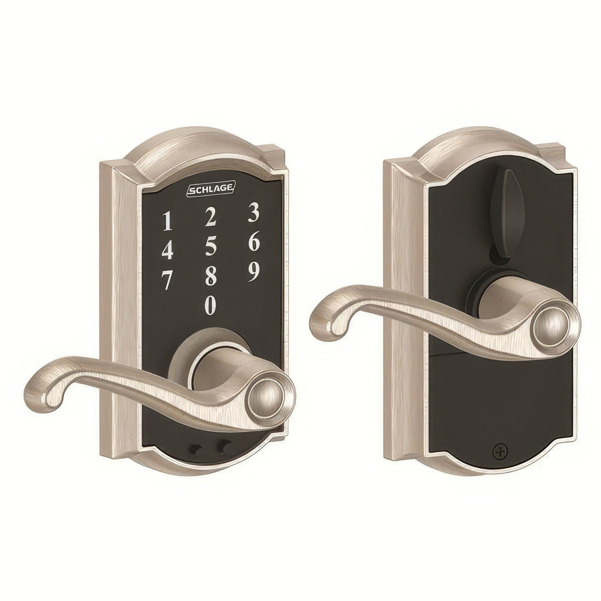 Schlage FE695CAM619FLA satin nickel touchscreen keyed entry locks