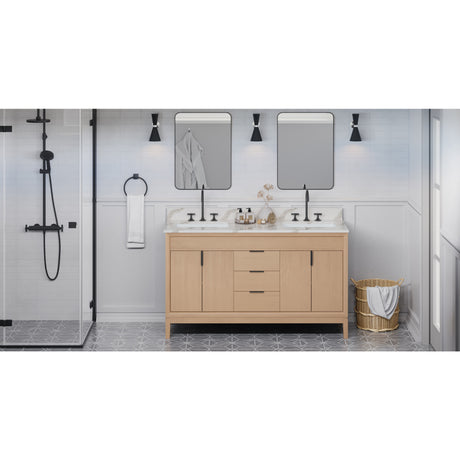 Jeffrey Alexander Theodora 60" Natural Oak Double Sink Bathroom Vanity with Calacatta Vienna Quartz Top - 8 in. Widespread Faucet Top