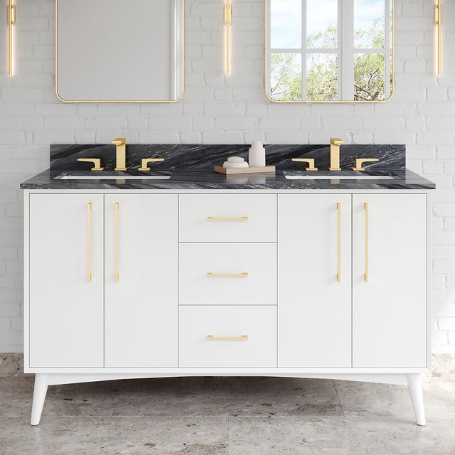 Jeffrey Alexander Dashwood 60" White Double Sink Bathroom Vanity with Grey Marble Top - 8 in. Widespread Faucet Top