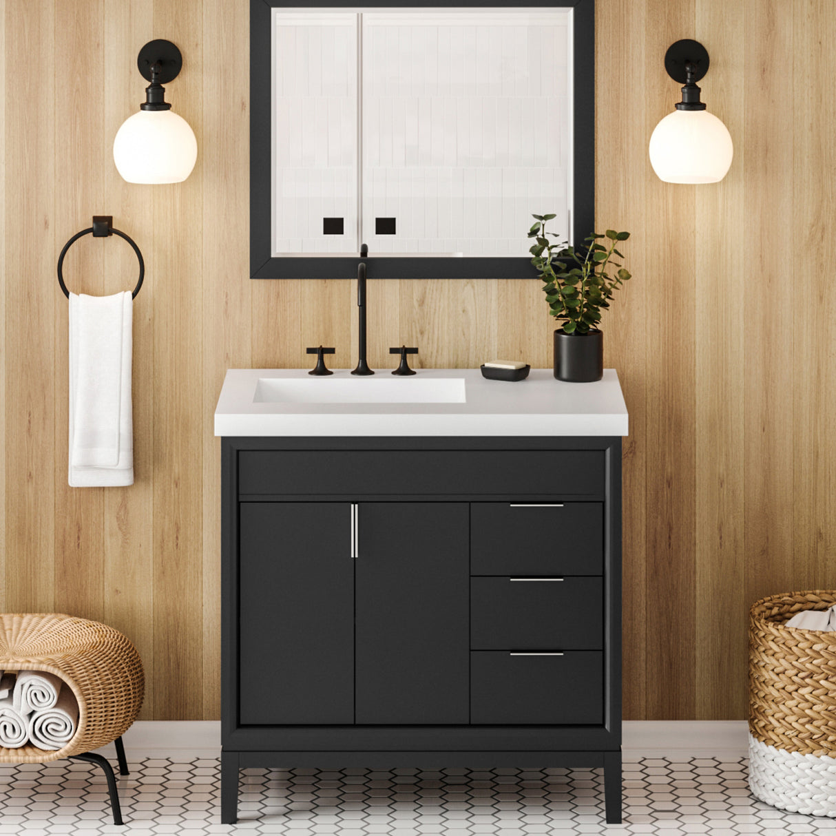 Jeffrey Alexander Theodora 37" Black Single Sink Bathroom Vanity with White Resin Top - 8 in. Widespread Faucet Top