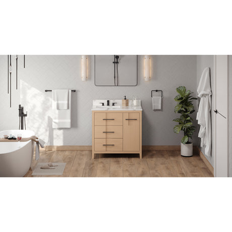 Jeffrey Alexander Katara 36" Natural Oak Single Sink Bathroom Vanity with Calacatta Vienna Quartz Top - 8 in. Widespread Faucet Top