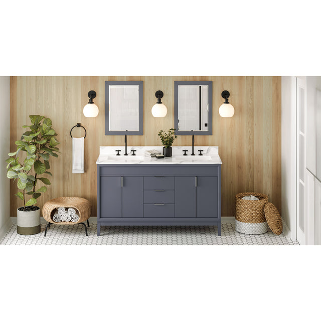 Jeffrey Alexander Theodora 60" Blue Steel Double Sink Bathroom Vanity with Calacatta Vienna Quartz Top - 8 in. Widespread Faucet Top