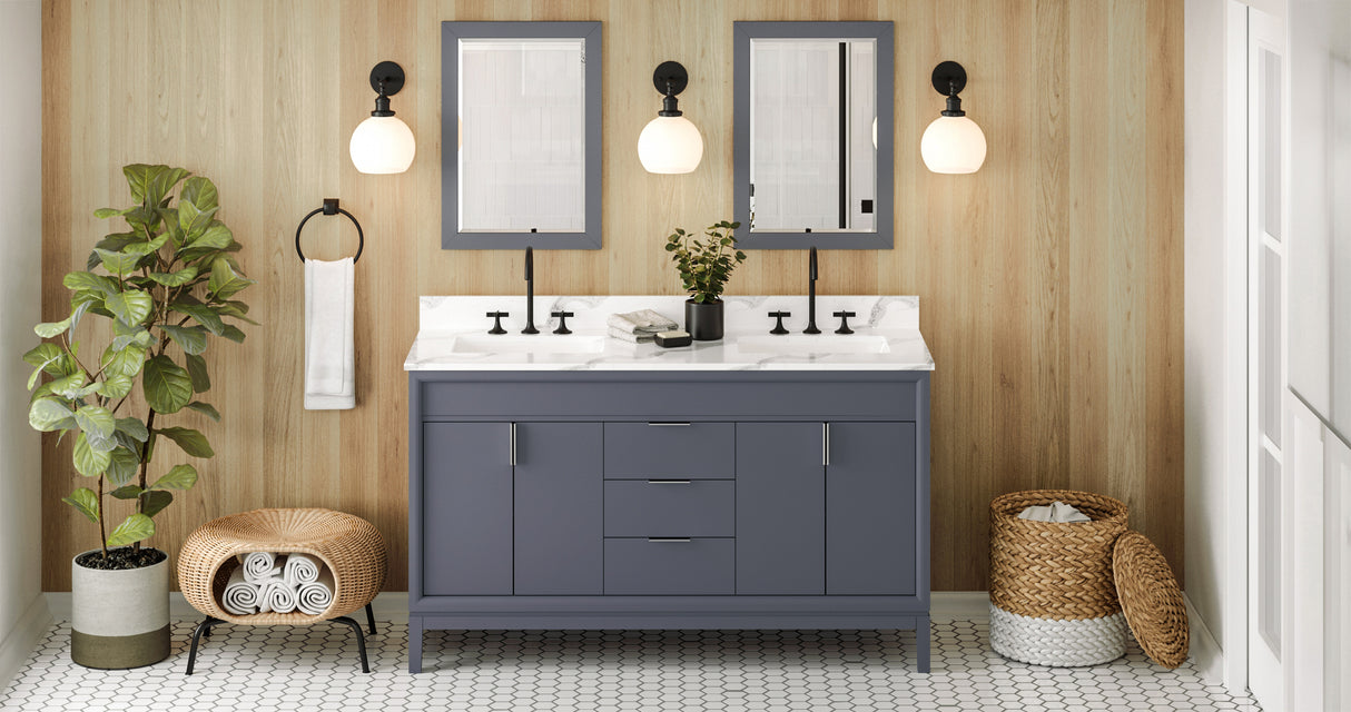 Jeffrey Alexander Theodora 60" Blue Steel Double Sink Bathroom Vanity with Calacatta Vienna Quartz Top - 8 in. Widespread Faucet Top product image 7