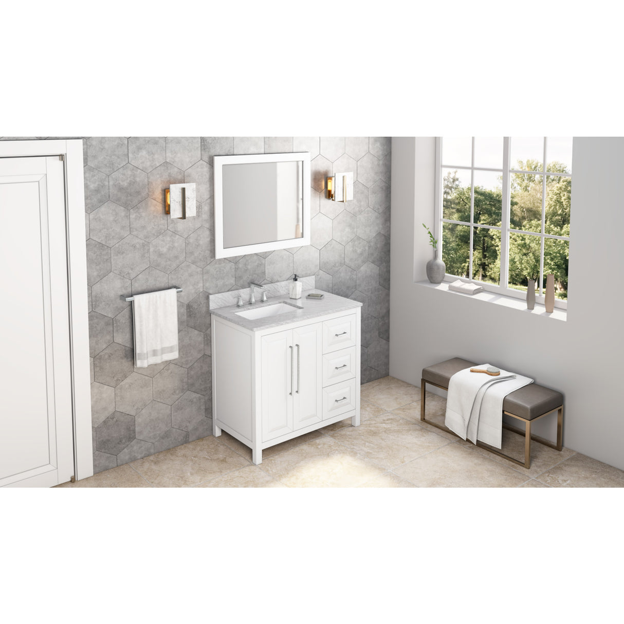 Jeffrey Alexander Cade 36" White Single Sink Bathroom Vanity with White Carrara Marble Top - 8 in. Widespread Faucet Top