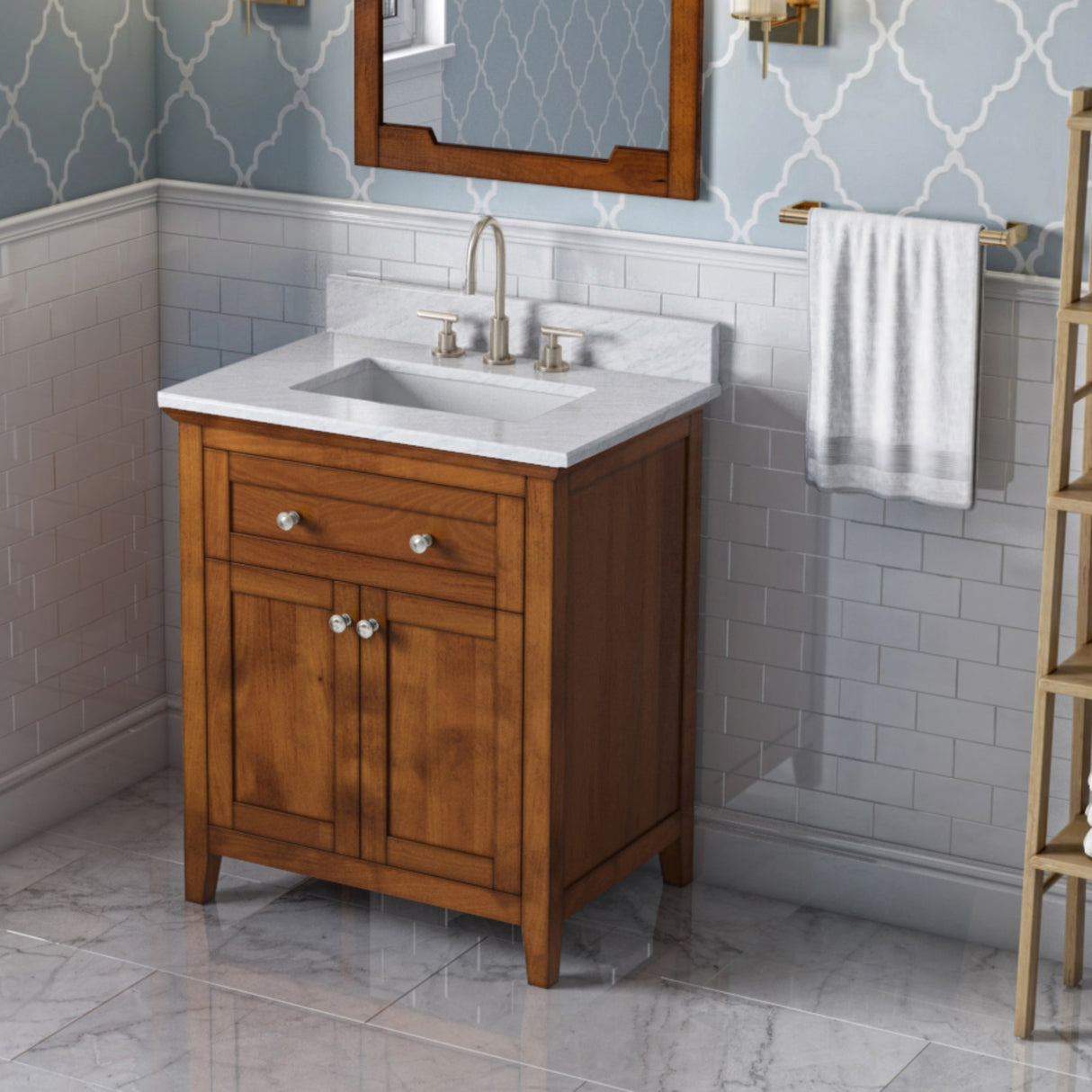 Jeffrey Alexander Chatham 30" Chocolate Single Sink Bathroom Vanity with White Carrara Marble Top - 8 in. Widespread Faucet Top product image 2