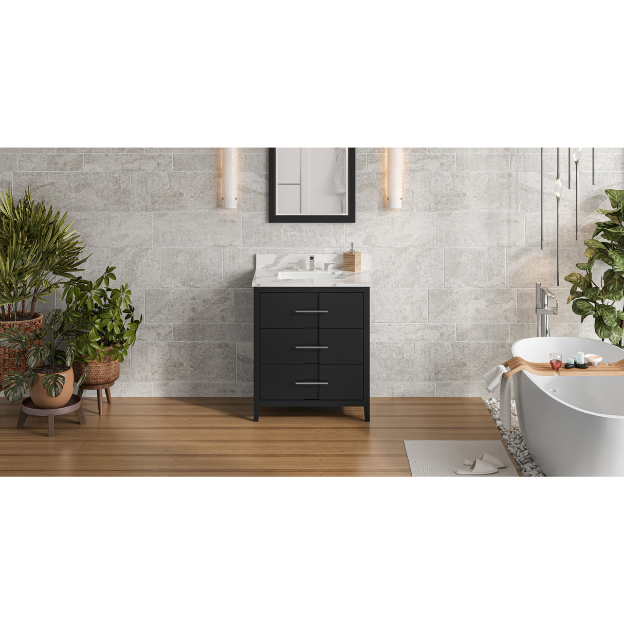 Jeffrey Alexander Katara 30" Black Single Sink Bathroom Vanity with Calacatta Vienna Quartz Top - 8 in. Widespread Faucet Top