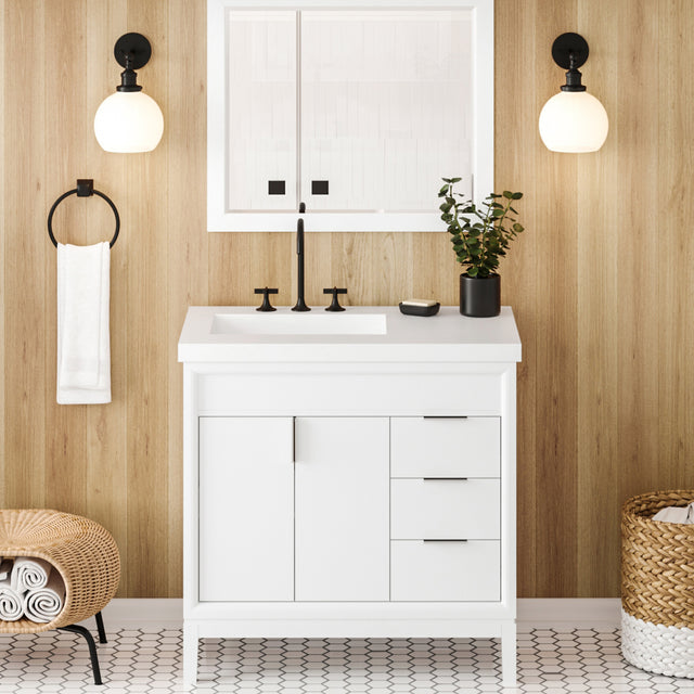 Jeffrey Alexander Theodora 37" White Single Sink Bathroom Vanity with White Resin Top - 8 in. Widespread Faucet Top