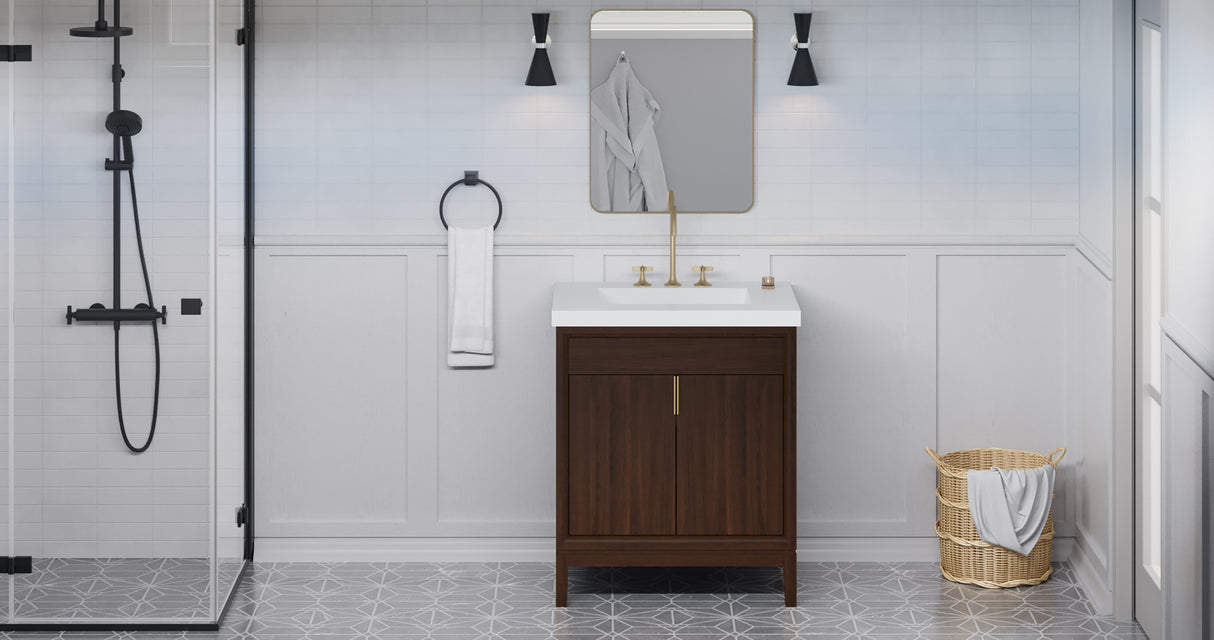Jeffrey Alexander Theodora 30" Dark Walnut Single Sink Bathroom Vanity with White Resin Top - 8 in. Widespread Faucet Top product image 5