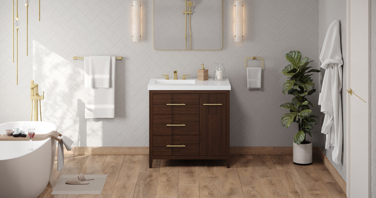 Jeffrey Alexander Katara 36" Dark Walnut Single Sink Bathroom Vanity with White Resin Top - 8 in. Widespread Faucet Top product image 5
