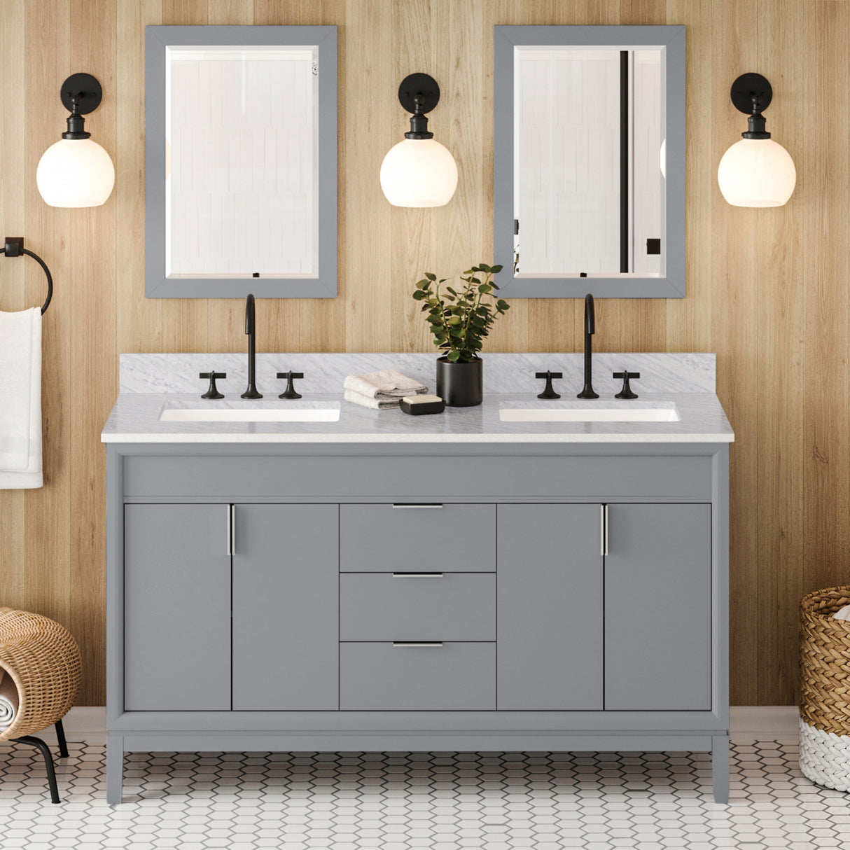 Jeffrey Alexander Theodora 60" Grey Double Sink Bathroom Vanity with White Carrara Marble Top - 8 in. Widespread Faucet Top product image 2