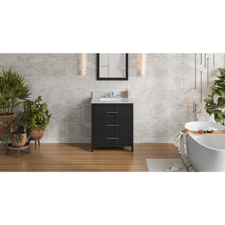 Jeffrey Alexander Katara 30" Black Single Sink Bathroom Vanity with White Carrara Marble Top - 8 in. Widespread Faucet Top
