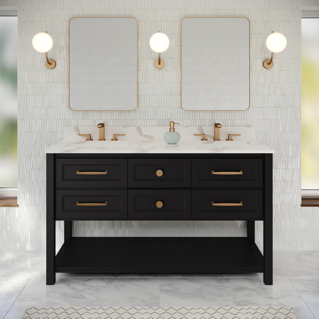 Jeffrey Alexander Kipling 60" Black Double Sink Bathroom Vanity with Calacatta Vienna Quartz Top - 8 in. Widespread Faucet Top