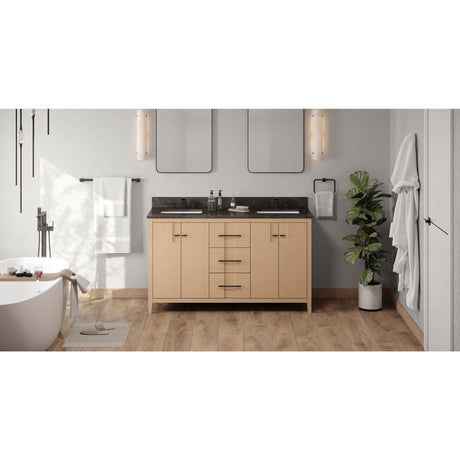 Jeffrey Alexander Katara 60" Natural Oak Double Sink Bathroom Vanity with Blue Limestone Top - 8 in. Widespread Faucet Top