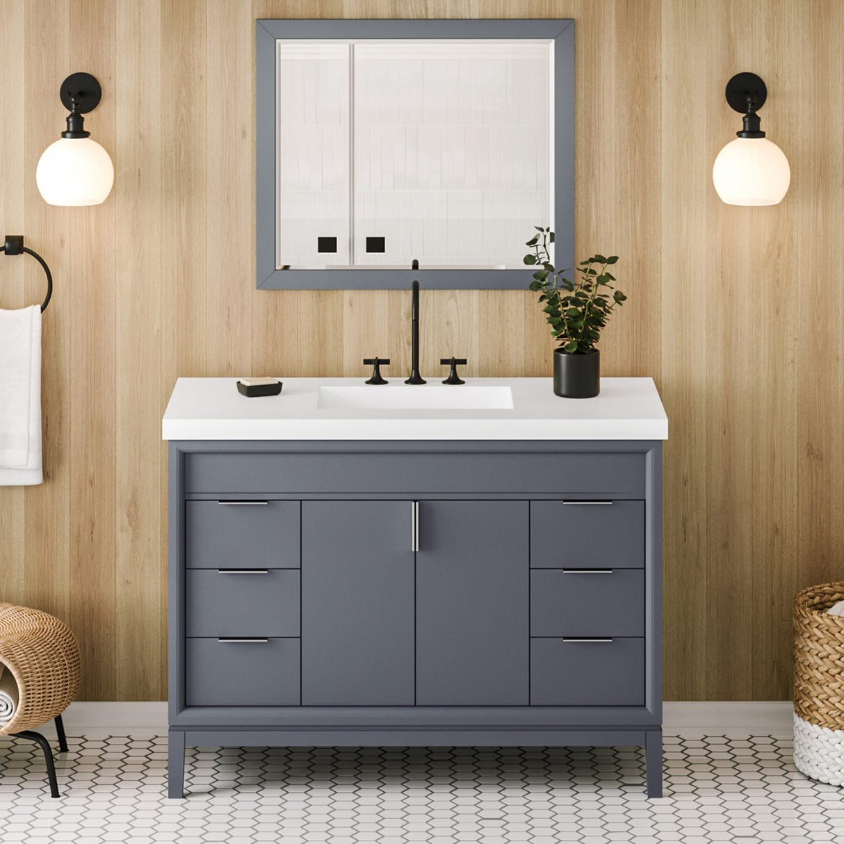 Jeffrey Alexander Theodora 49" Blue Steel Single Sink Bathroom Vanity with White Resin Top - 8 in. Widespread Faucet Top