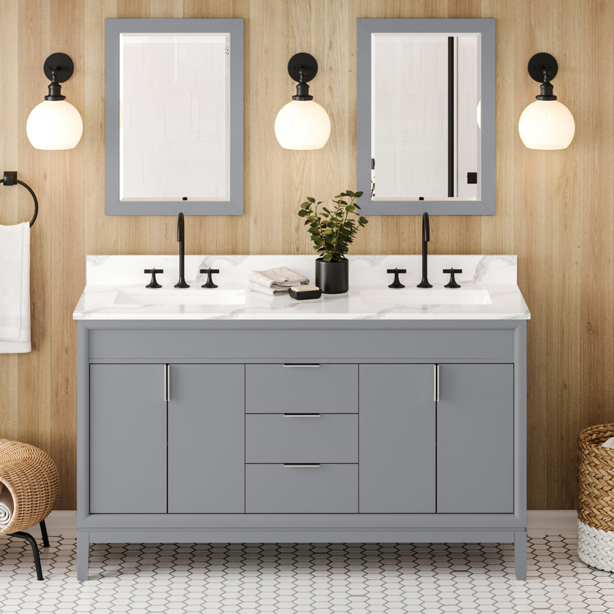 Jeffrey Alexander Theodora 60" Grey Double Sink Bathroom Vanity with Calacatta Vienna Quartz Top - 8 in. Widespread Faucet Top product image 2