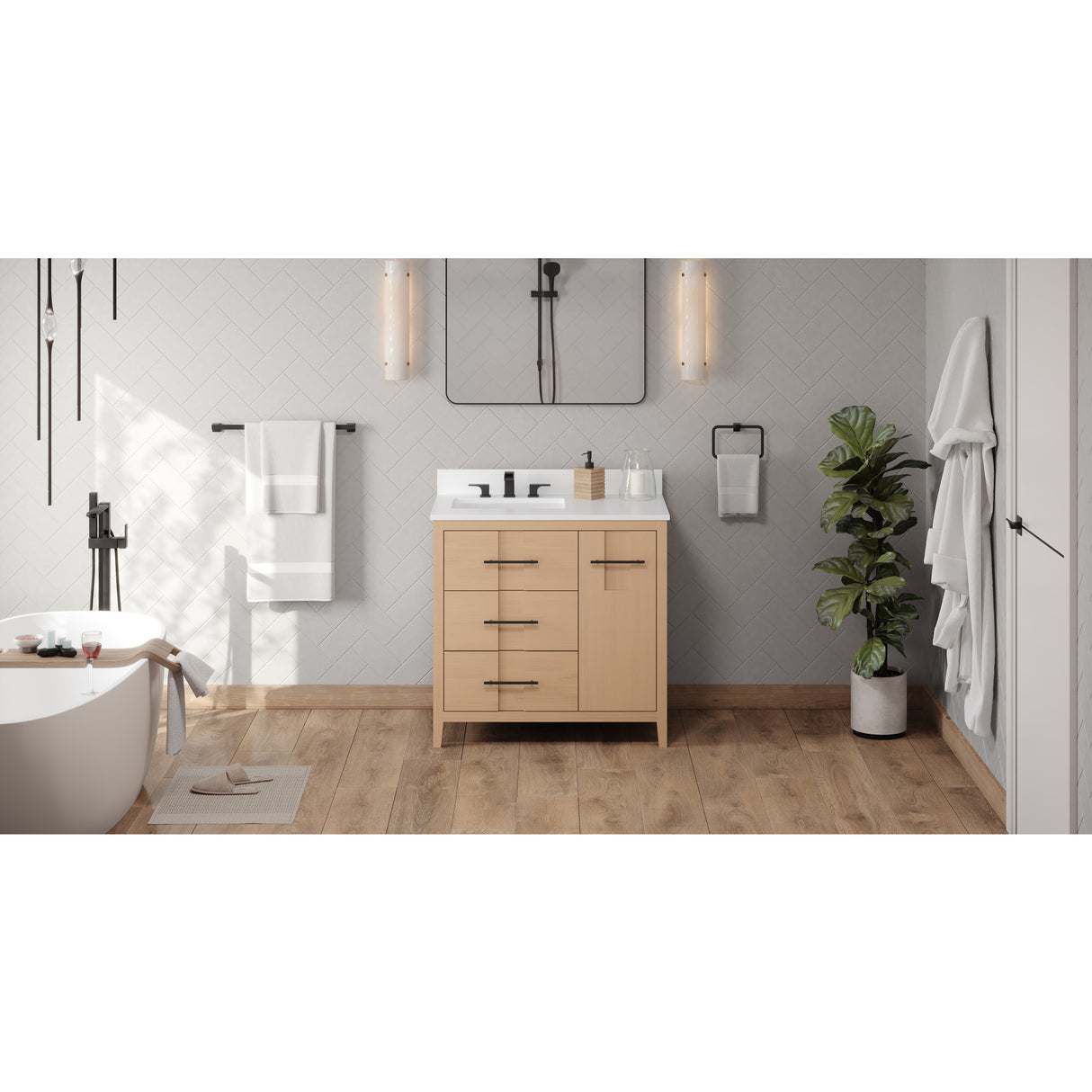 Jeffrey Alexander Katara 36" Natural Oak Single Sink Bathroom Vanity with White Quartz Top - 8 in. Widespread Faucet Top