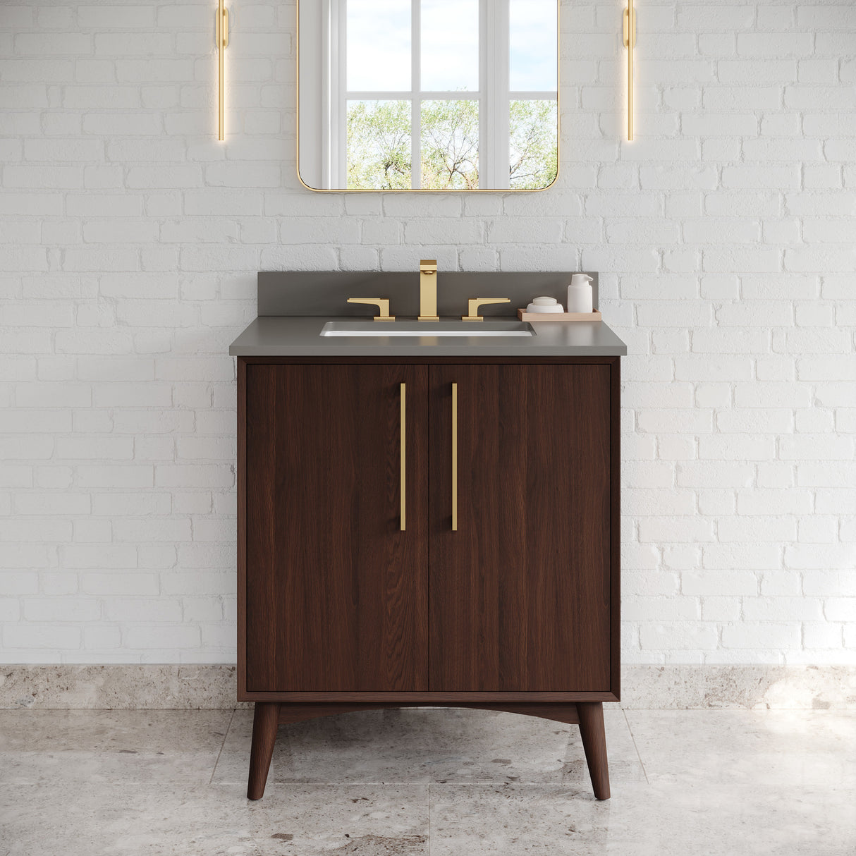 Jeffrey Alexander Dashwood Dark Walnut Single Sink Bathroom Vanity with Grey Quartz Top - Single-Hole Faucet Top - VKITDAS30DWGQR